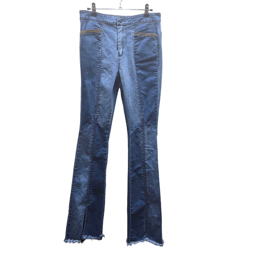 Chrysanthemum Women's Front Slit Bell Bottom Flare Jeans Raw Hem Blue Size Small